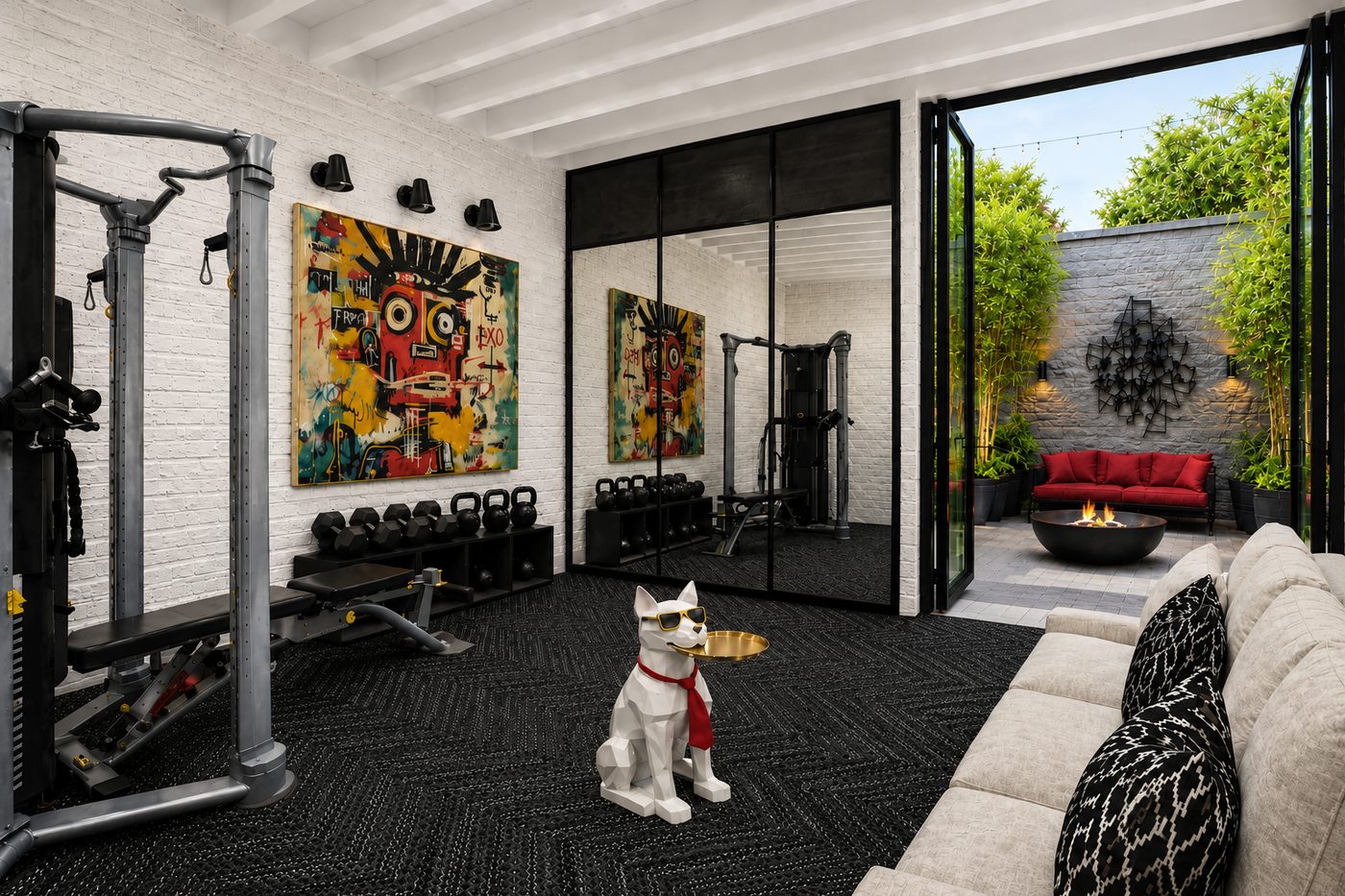 Finished basement home gym with rubber flooring and walkout in a Toronto renovation