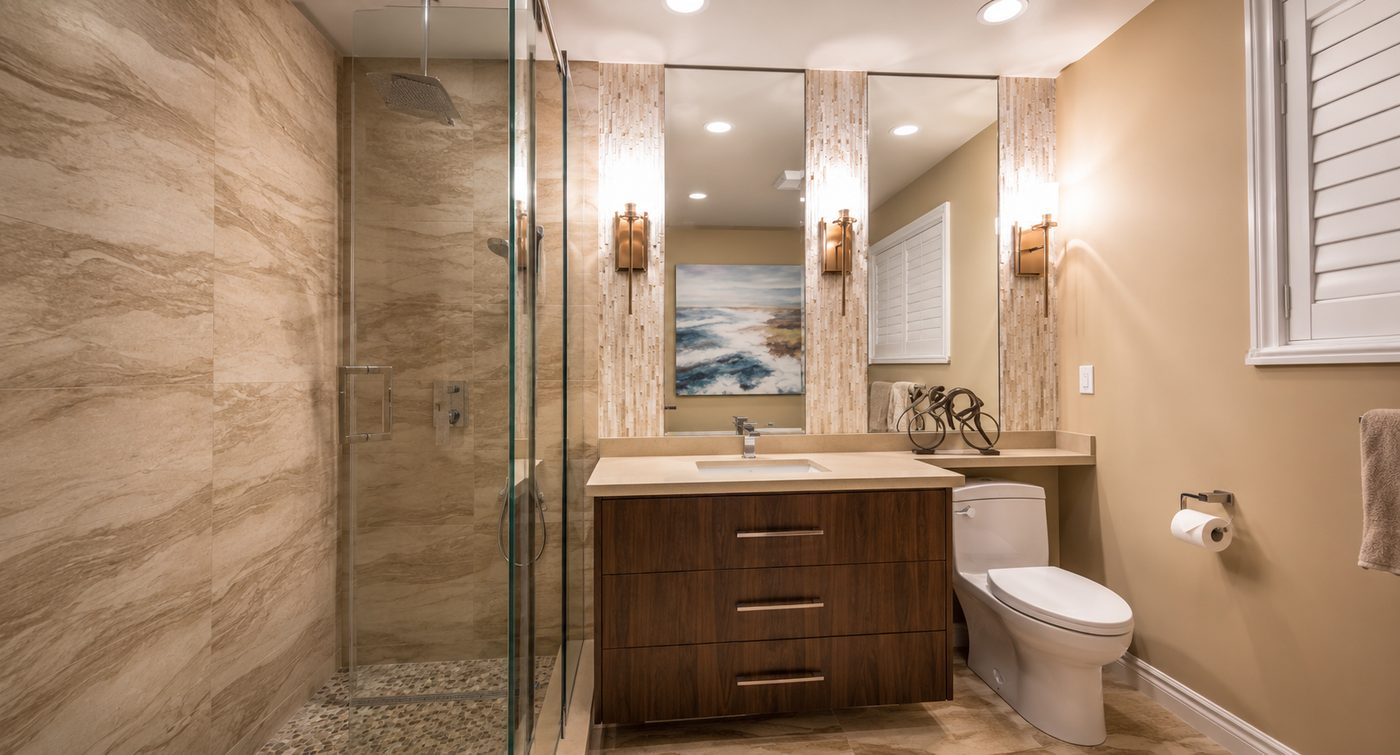 Renovated walk-in shower and vanity in a modern Toronto bathroom