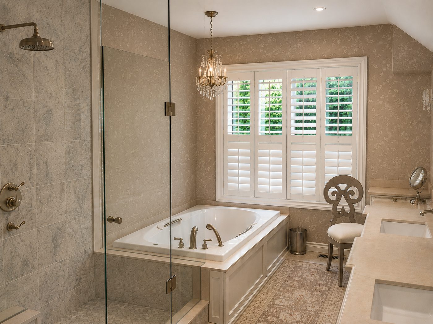 Luxury Toronto bathroom renovation with soaker tub, glass shower and shutters