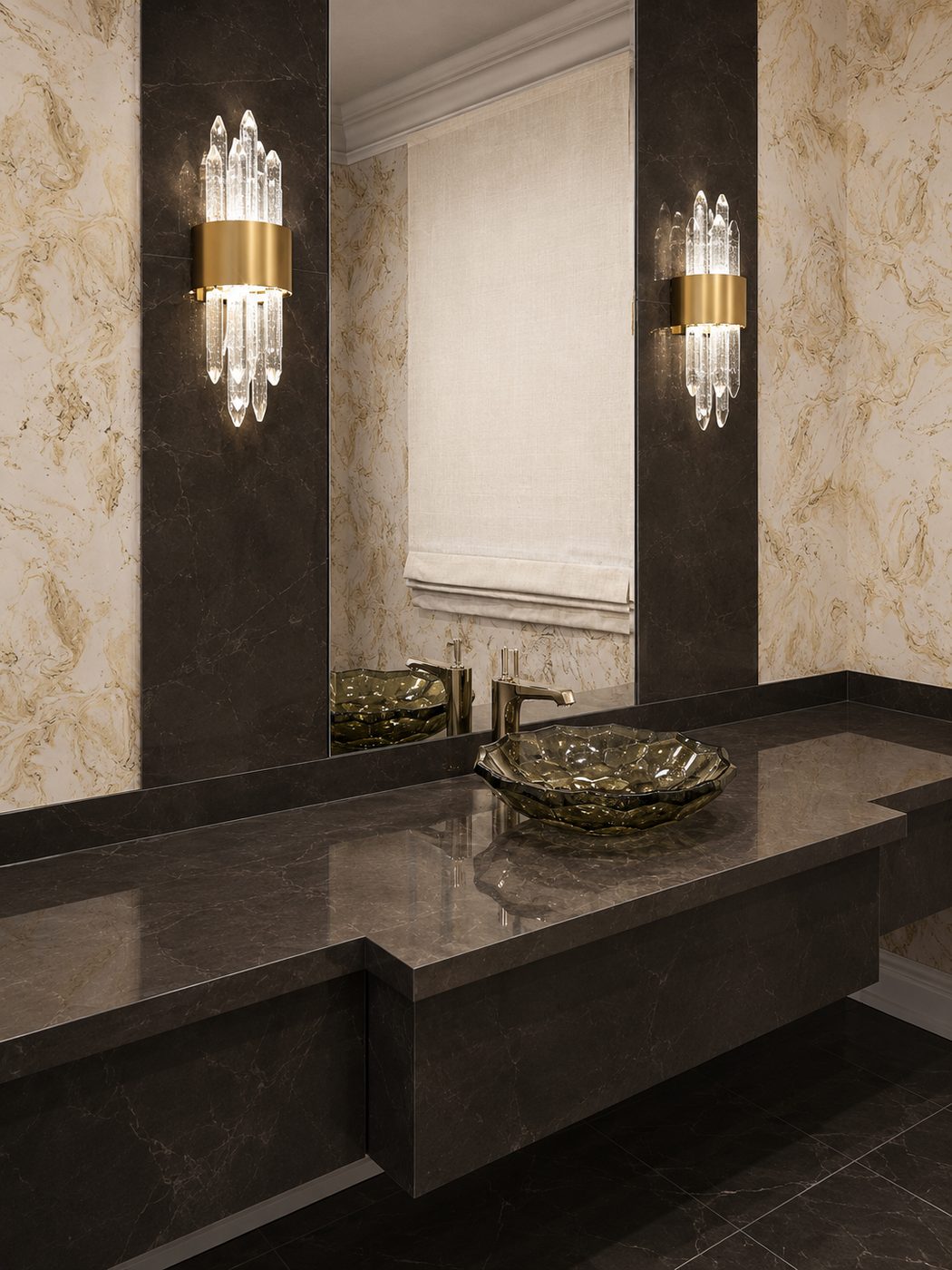 Modern dark-stone vanity and crystal sconces in a GTA bathroom renovation
