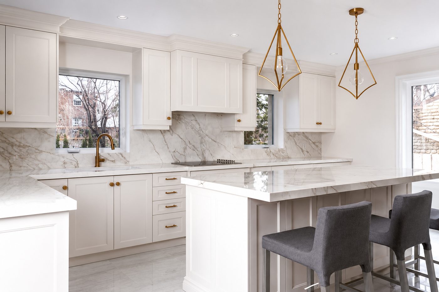 Bright white custom kitchen renovation with island and stone counters in Toronto