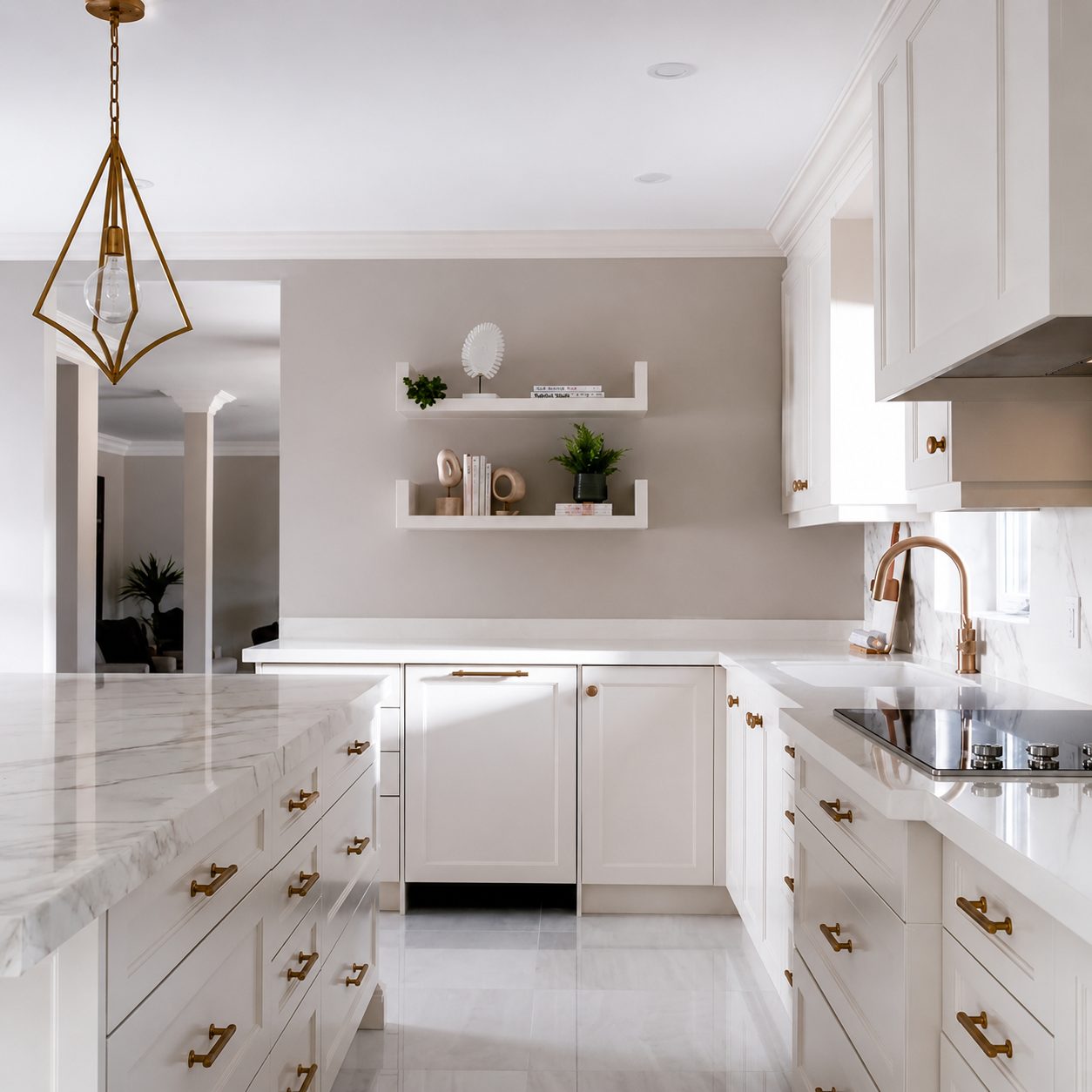 Modern white kitchen with marble island and brass fixtures in a GTA remodel